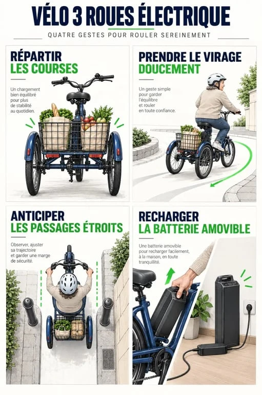 Vélo 3 roues électrique en situation de transport, de virage et de recharge
