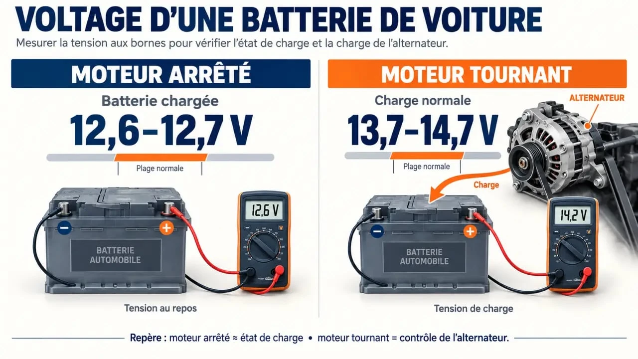 Infographie sur le voltage d’une batterie de voiture mesuré moteur arrêté et moteur tournant
