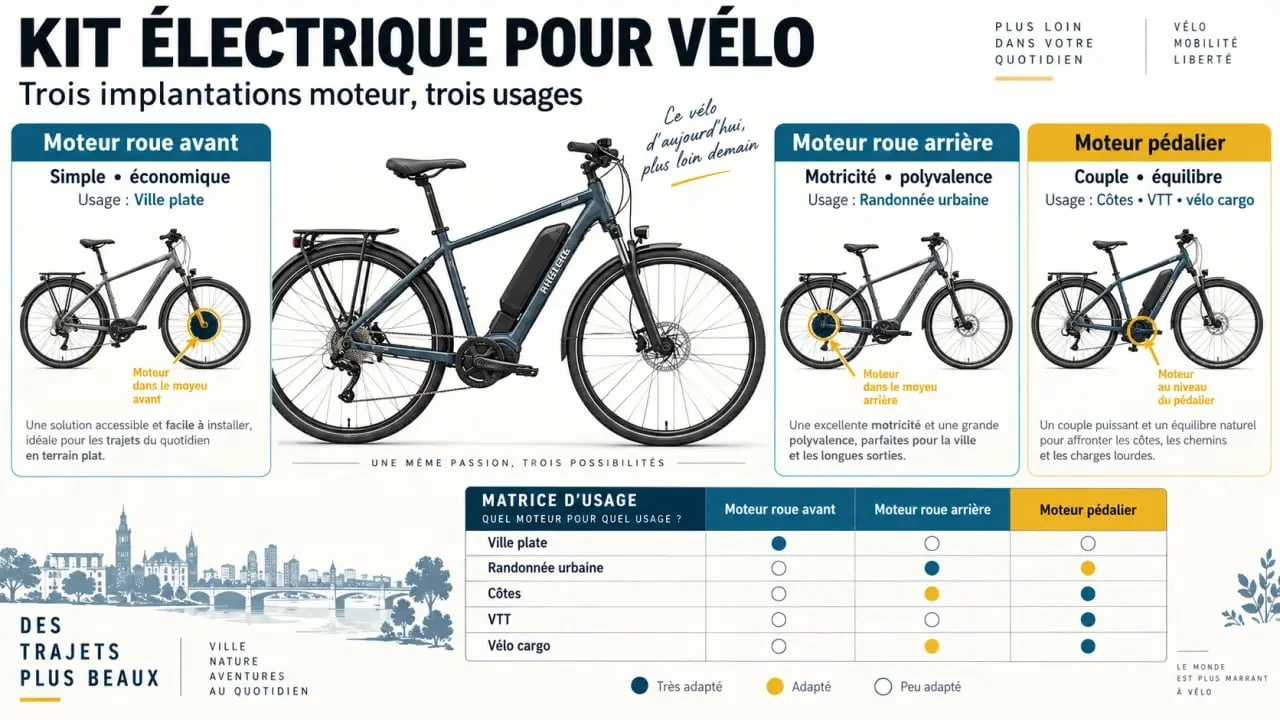 Infographie sur les types de kit électrique pour vélo et les positions du moteur