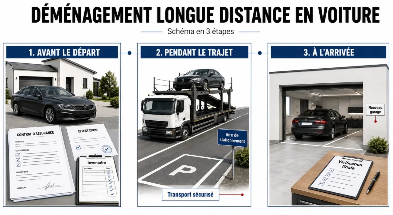 Comment assurer son véhicule lors d'un déménagement longue distance : schéma des étapes avant départ, transport et arrivée