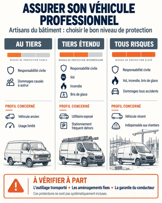 Infographie sur l’assurance d’un véhicule professionnel pour les artisans du bâtiment selon les formules au tiers, tiers étendu et tous risques
