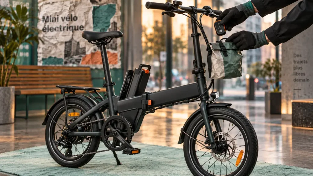 Mini vélo électrique pliant compact en intérieur, roues 16 pouces