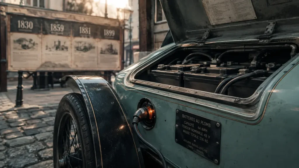 Première voiture électrique : batterie plomb acide et prototypes du XIXe siècle