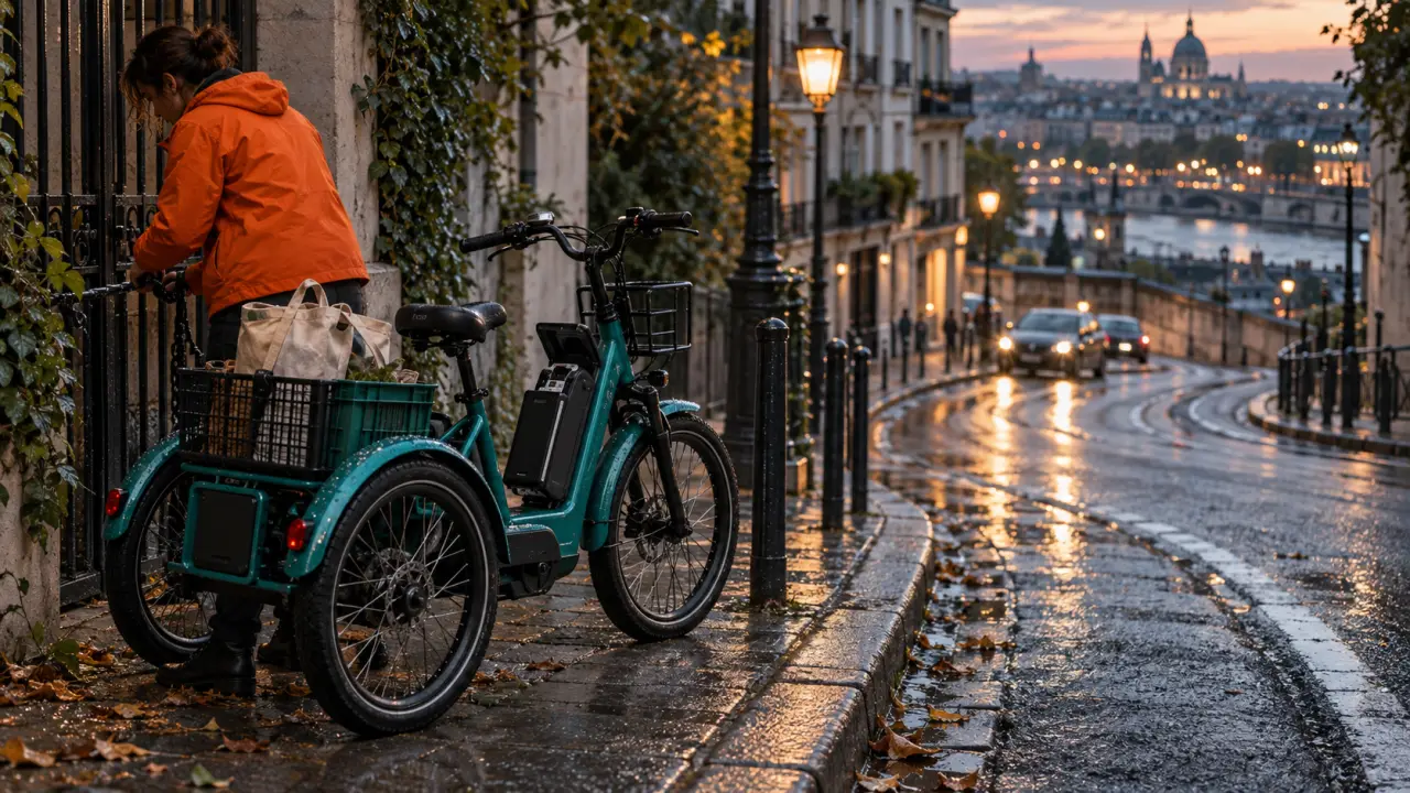 Vélo 3 roues électrique urbain au crépuscule