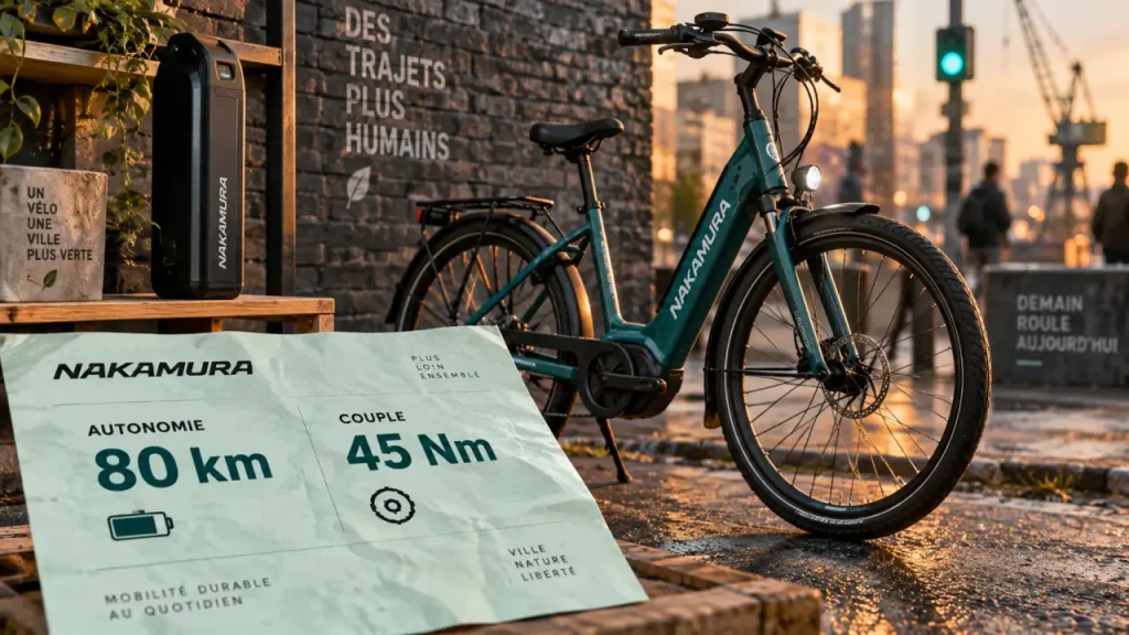 Vélo électrique nakamura sur quai urbain, batterie amovible visible