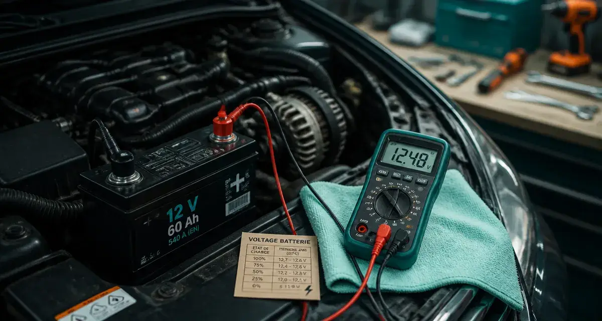 Volt batterie voiture : multimètre sur batterie 12 V, lecture 12,6 V à 14,7 V