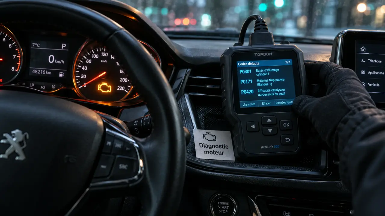 Voyant moteur allumé, defaut moteur et diagnostic OBD-II sur tableau de bord