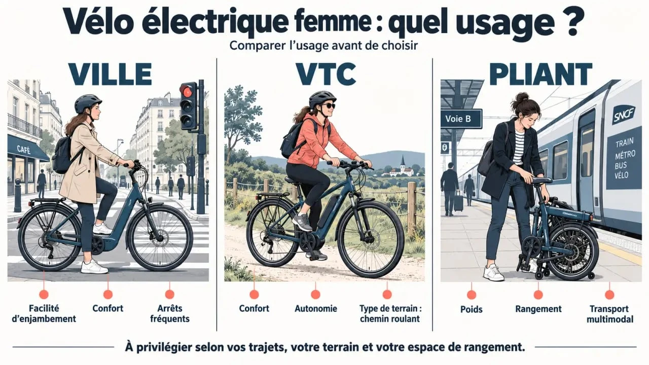 Infographie comparative des critères d’un vélo électrique femme selon l’usage, la morphologie et le terrain