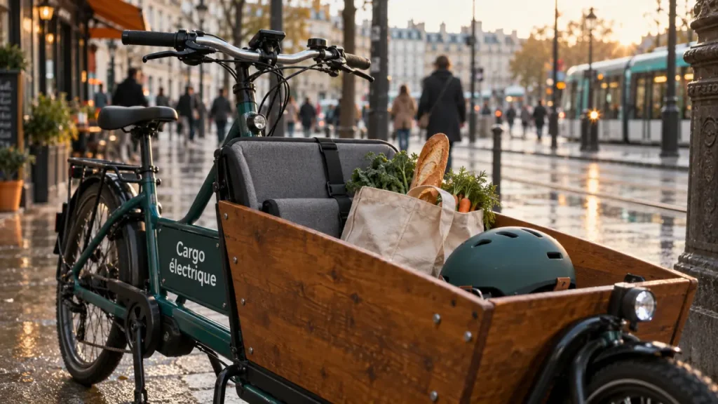 Vélo cargo électrique biporteur en ville